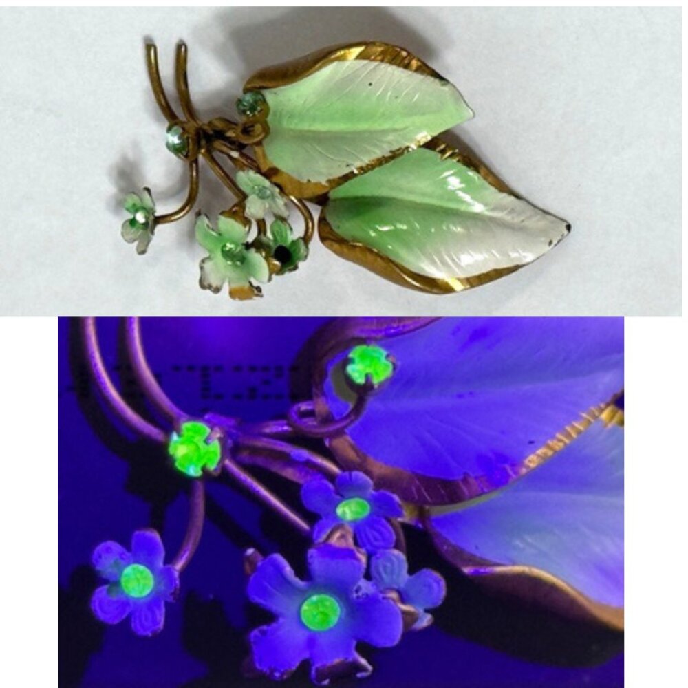 Vintage Austrian green uranium glass and enamel floral and leaf brooch/pin.